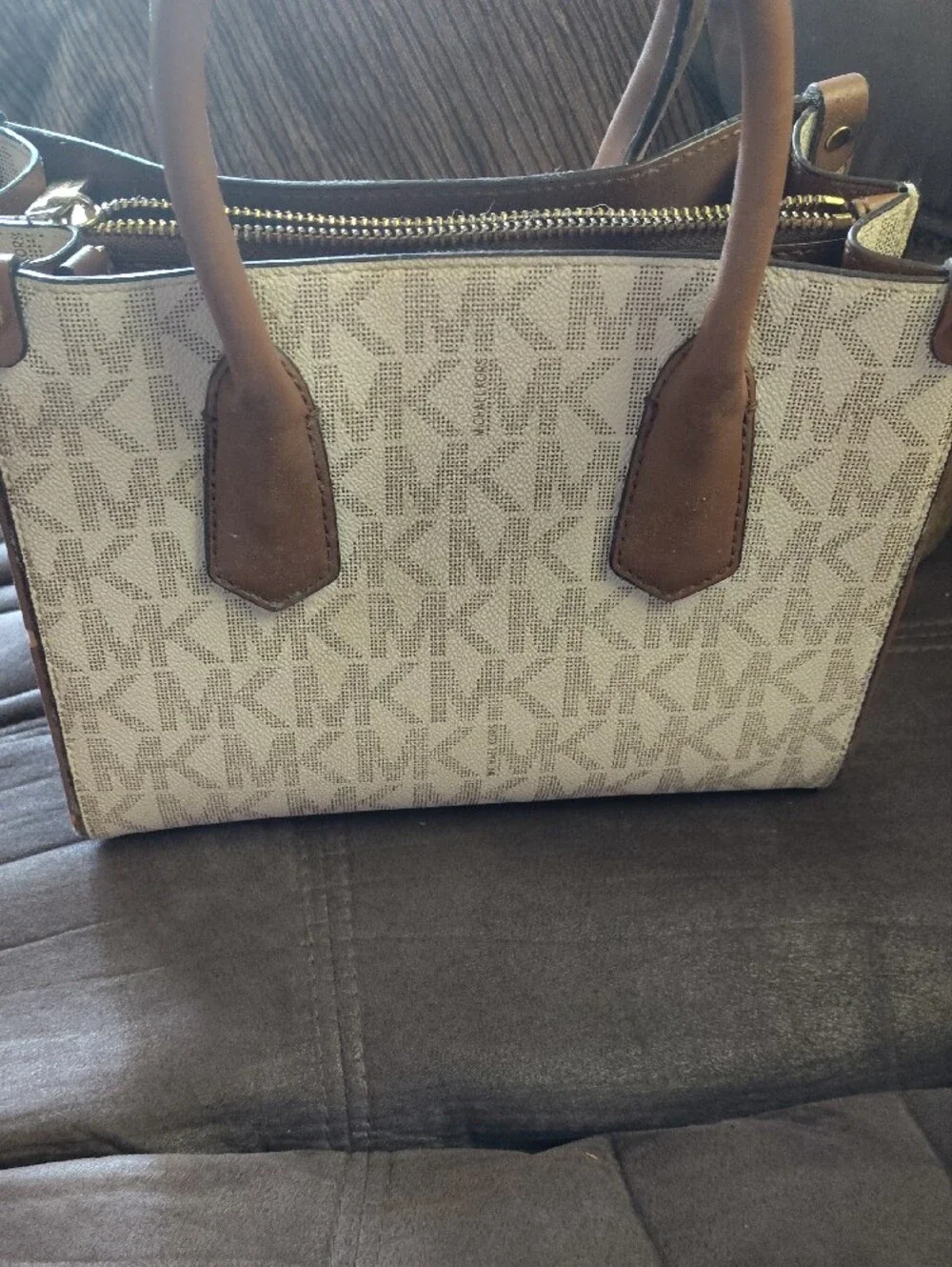 Michael Kors Beige and Brown Striped Logo Satchel
